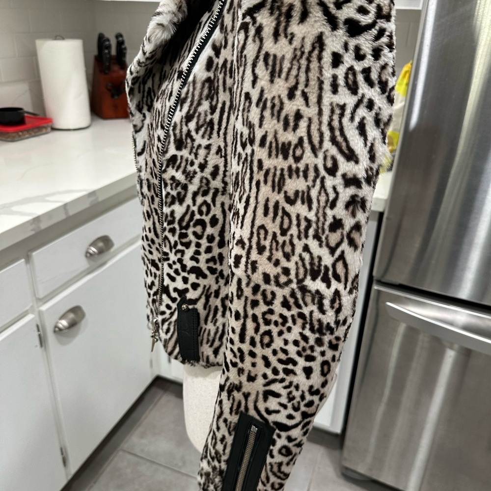 Cesare Paciotti Leopard animal print dagger rabbit fur Moto jacket XS - Picture 14 of 16